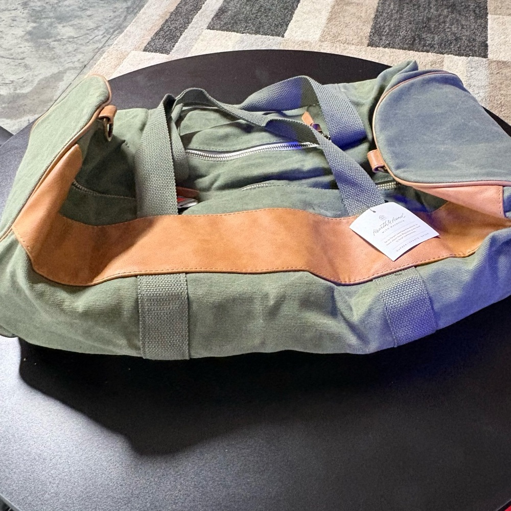 NWT Hearth and Home with Magnolia, Green and Tan Canvas Duffel Bag